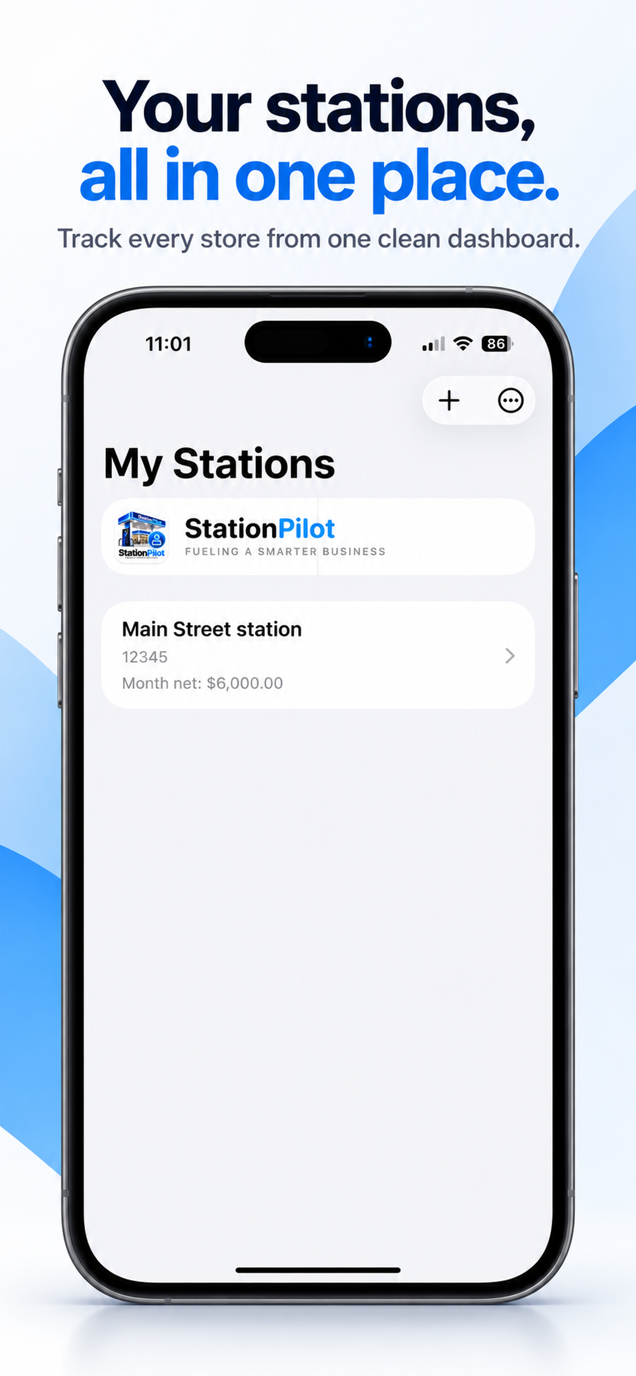 Station Pilot 'My Stations' screen listing a station with its month-to-date net total